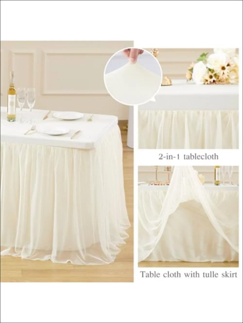 Fitted Tablecloth Rectangle 6ft Tulle Ruffle Elastic Spandex Table Cover Set